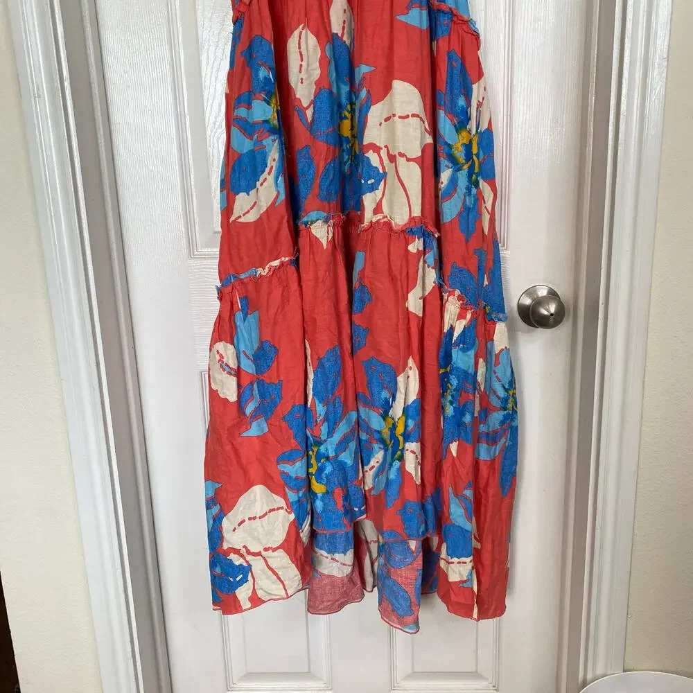 FREE PEOPLE Moonshine Midi Dress Linen Blend Floral Tropical Size Small Red Blue - Picture 5 of 8
